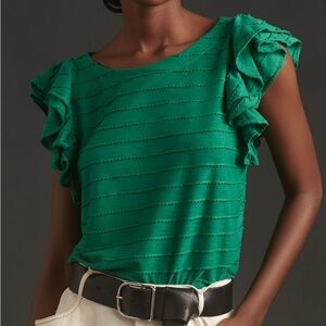 $50 by Anthropologie Green Flutter Sleeve Women's Top Sz S